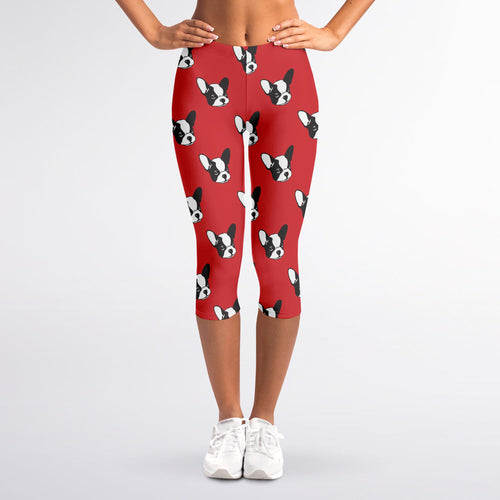 Red French Bulldog Pattern Print Women's Capri Leggings
