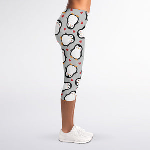 Red Heart And Penguin Pattern Print Women's Capri Leggings