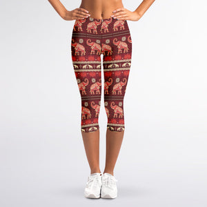 Red Indian Elephant Pattern Print Women's Capri Leggings