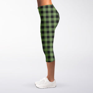 Sage Green Buffalo Check Pattern Print Women's Capri Leggings