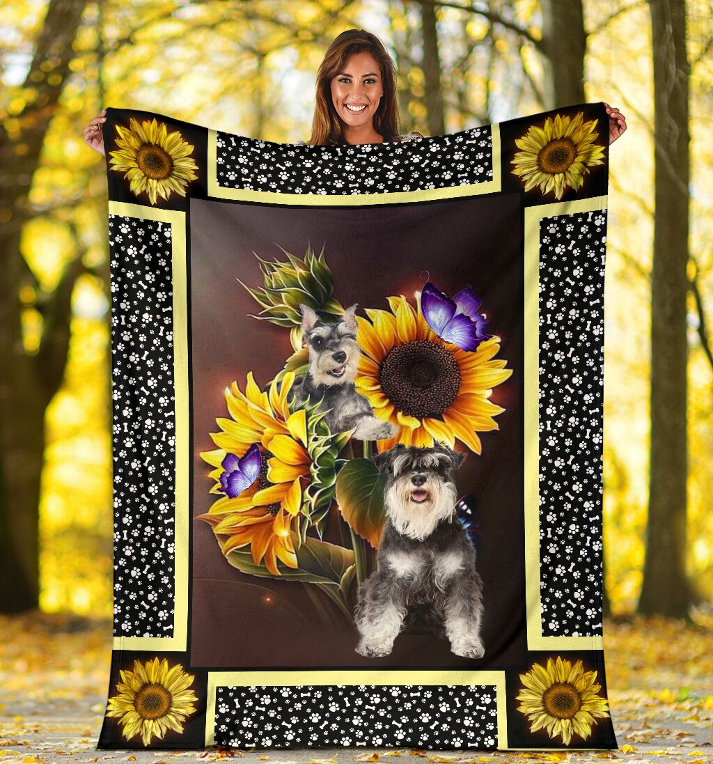 Fleece Blanket Schnauzer Dark Sunflower Personalized Photo Upload Name Date Fleece Blanket Print 3D, Unisex, Kid, Adult - Love Mine Gifts