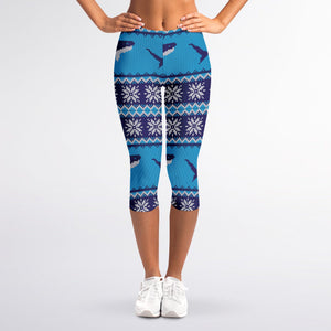Shark Knitted Pattern Print Women's Capri Leggings