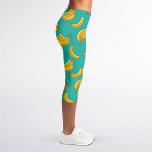 Teal Banana Pattern Print Women's Capri Leggings