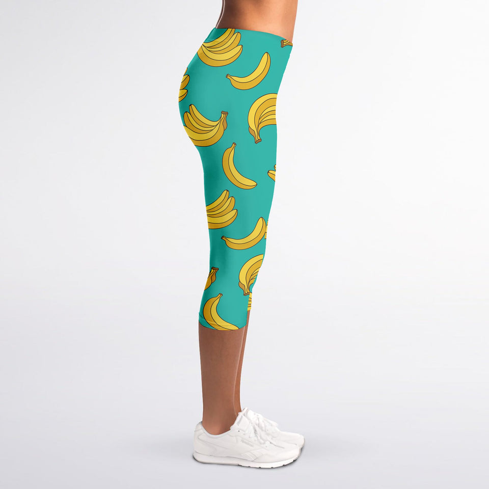 Teal Banana Pattern Print Women's Capri Leggings