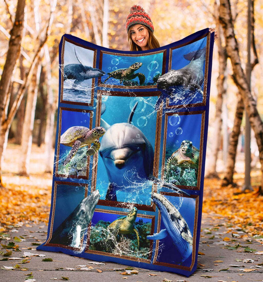 Fleece Blanket The Ocean Turtle Whale Dolphin Fleece Blanket Print 3D, Unisex, Kid, Adult - Love Mine Gifts