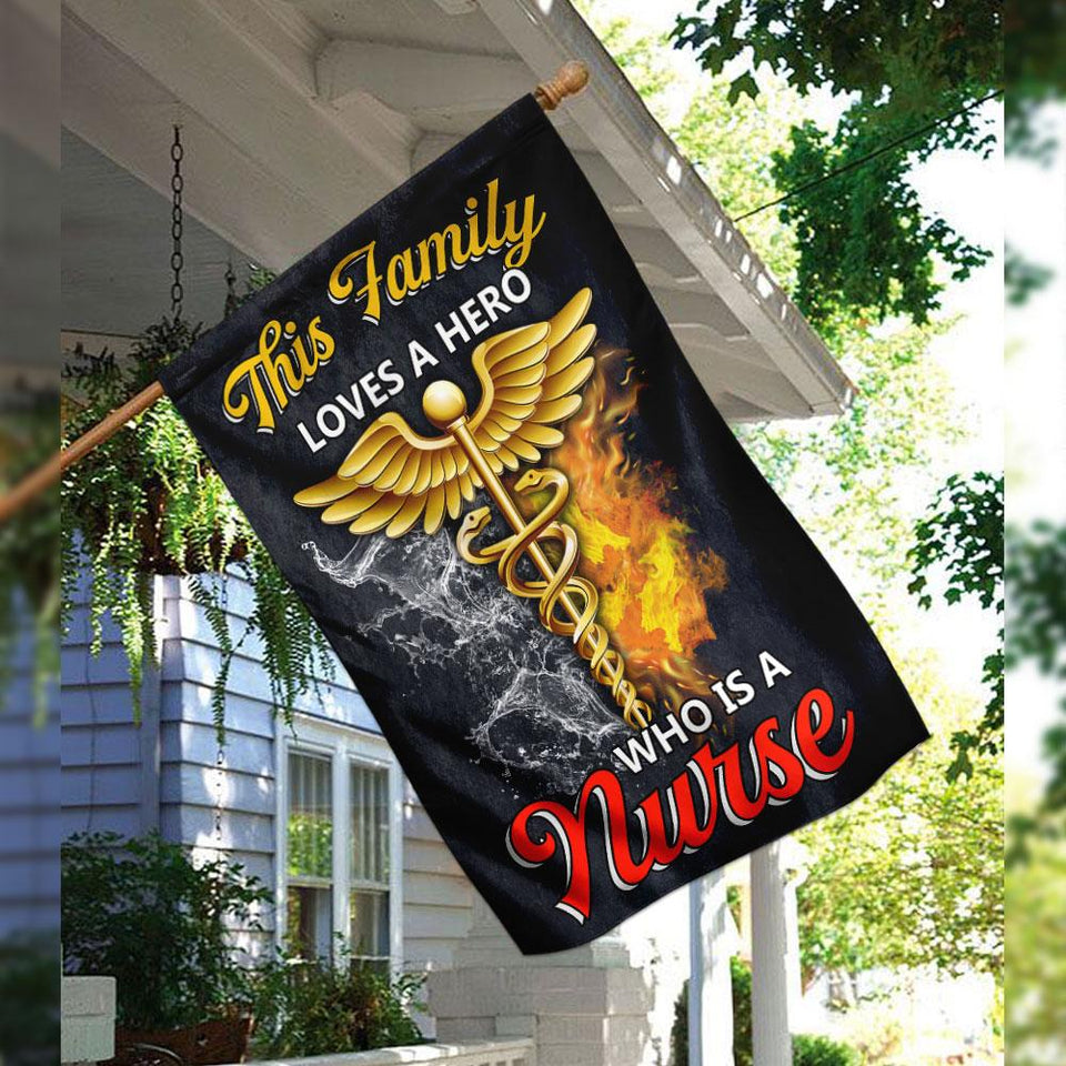 This Family Loves A Hero Who Is A Nurse Flag | Garden Flag | Double Sided House Flag