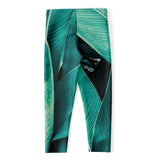 Turquoise Banana Leaf Print Women's Capri Leggings