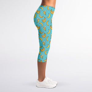 Turquoise Banana Pattern Print Women's Capri Leggings
