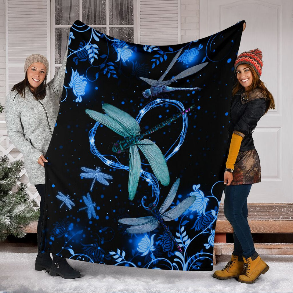 Fleece Blanket Twinkling Blue Heart Dragonfly Personalized Custom Name Date Fleece Blanket Print 3D, Unisex, Kid, Adult - Love Mine Gifts