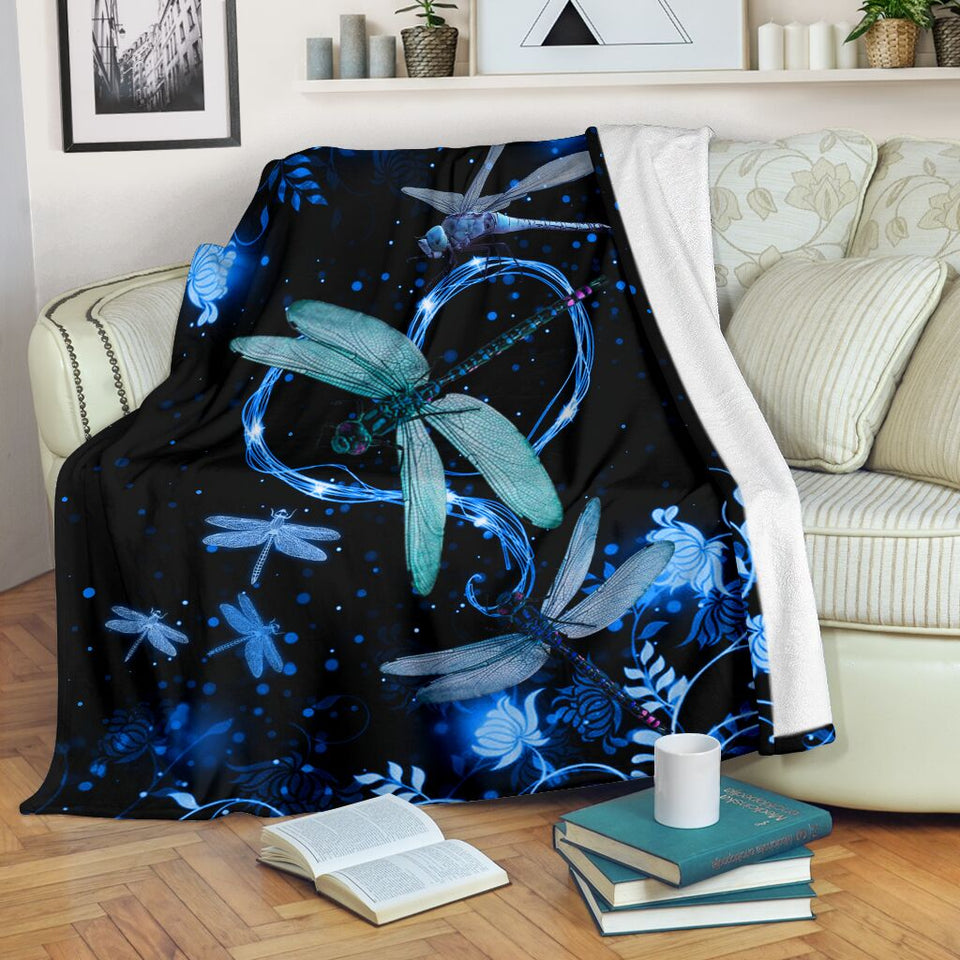 Fleece Blanket Twinkling Blue Heart Dragonfly Personalized Custom Name Date Fleece Blanket Print 3D, Unisex, Kid, Adult - Love Mine Gifts