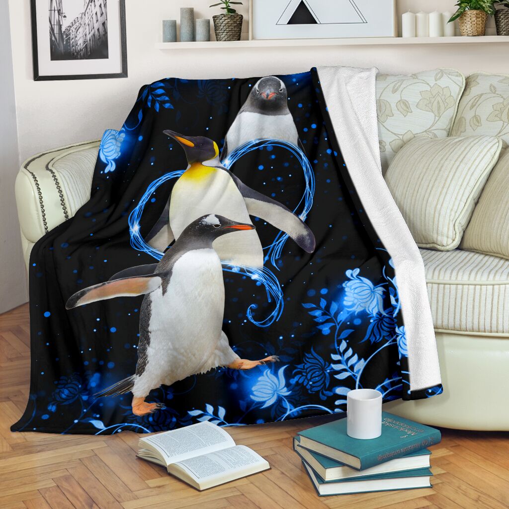 Fleece Blanket Twinkling Blue Heart Penguin Fleece Blanket Print 3D, Unisex, Kid, Adult - Love Mine Gifts