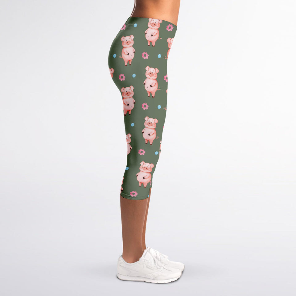 Vintage Pink Pig Pattern Print Women's Capri Leggings