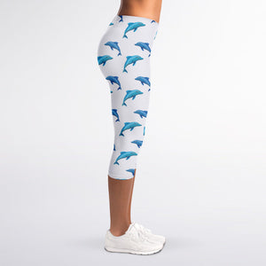 Watercolor Dolphin Pattern Print Women's Capri Leggings