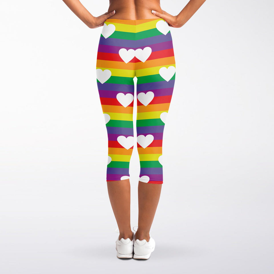 White Heart On LGBT Pride Striped Print Women's Capri Leggings