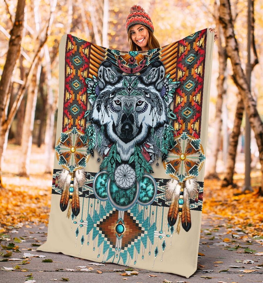 Fleece Blanket Wolf Native American Pattern Fleece Blanket Print 3D, Unisex, Kid, Adult - Love Mine Gifts