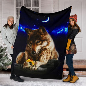Fleece Blanket Wolf With Sunflower In Winter Night Personalized Custom Name Date Fleece Blanket Print 3D, Unisex, Kid, Adult - Love Mine Gifts