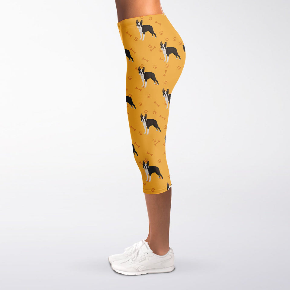 Yellow Boston Terrier Pattern Print Women's Capri Leggings